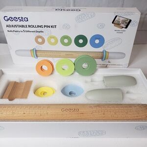 Open Box Geesta Adjustable Wood Rolling Pin 5 Thickness Rings NEVER Used Baking
